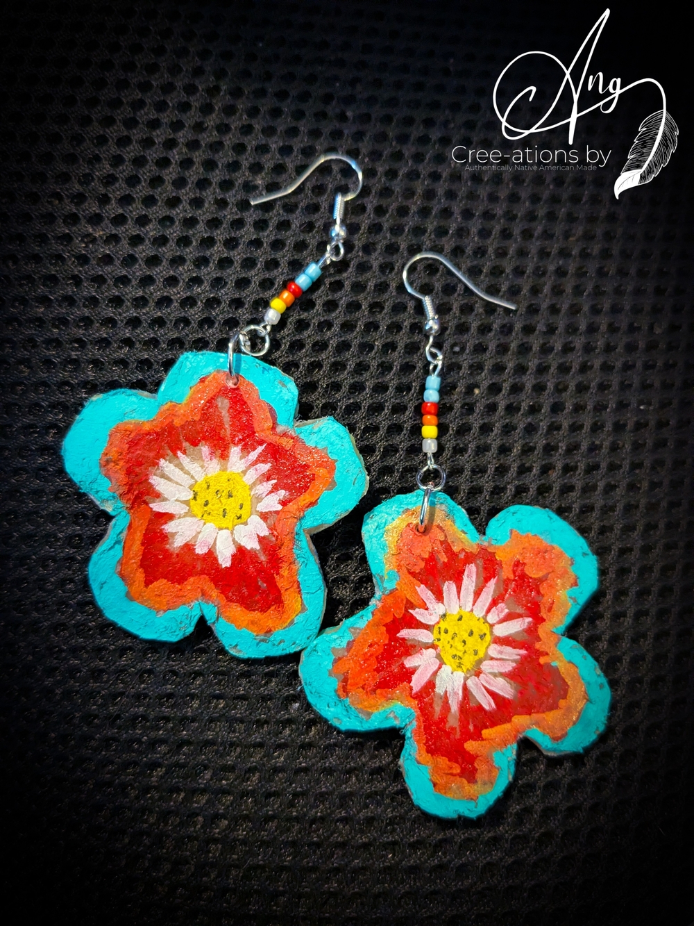 Abstract Hand Painted Indian Blanket Flower On Rawhide Statement Earrings